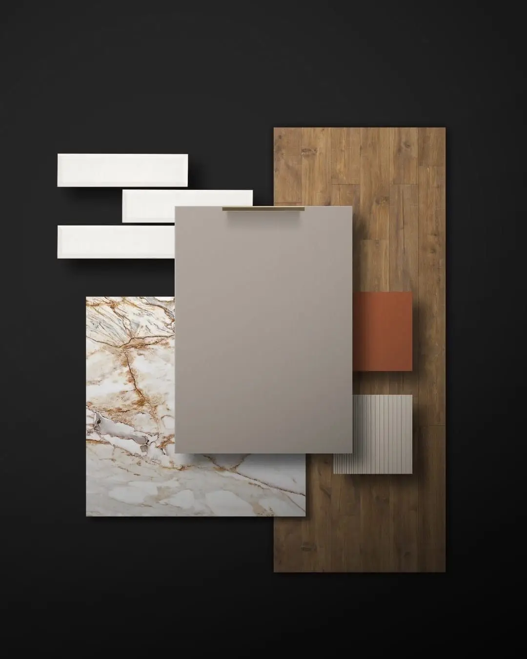 Door, stone and wood samples laid out for a design