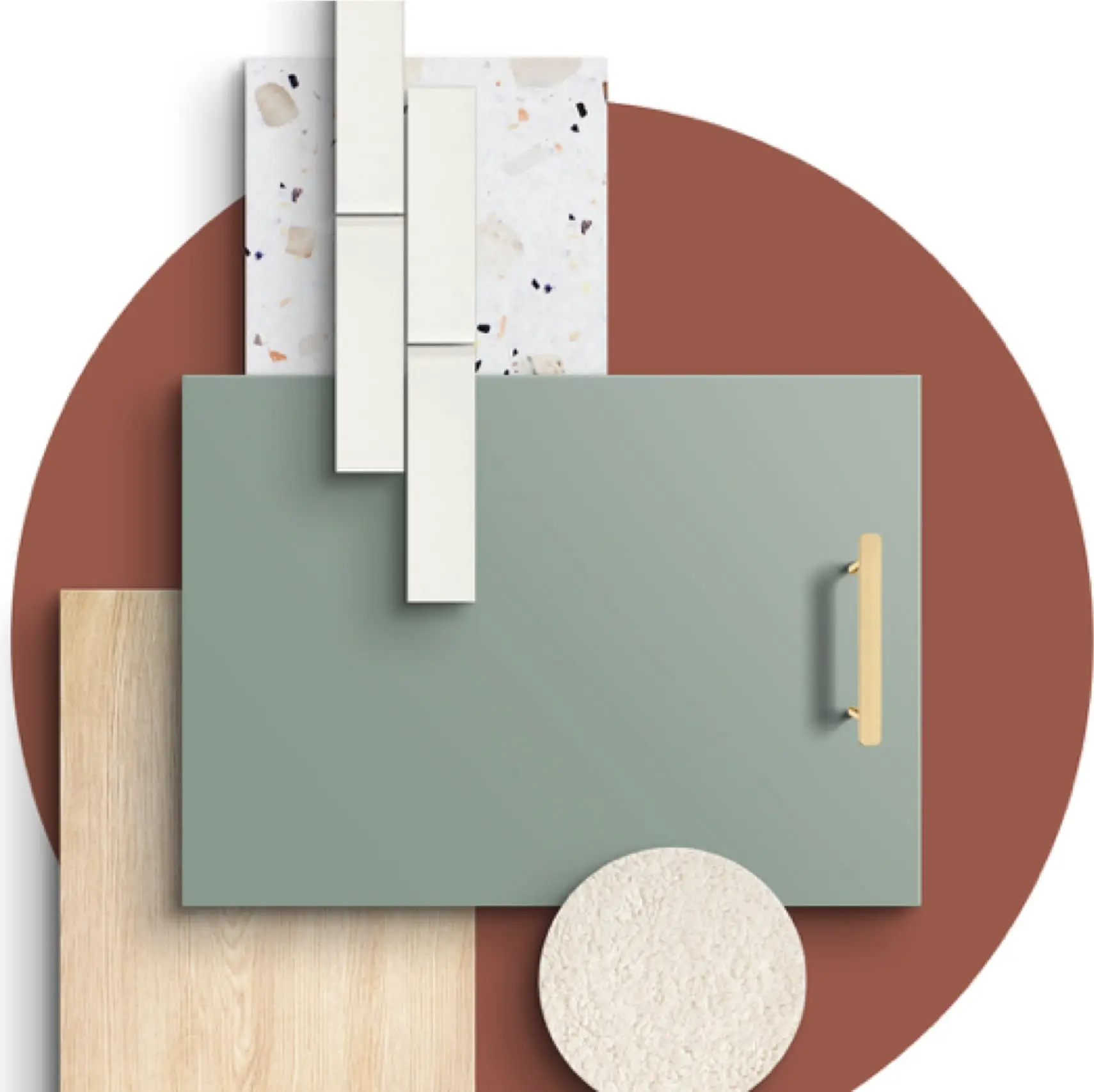 A flat-lay of cabinet door, laminate and stone finishes